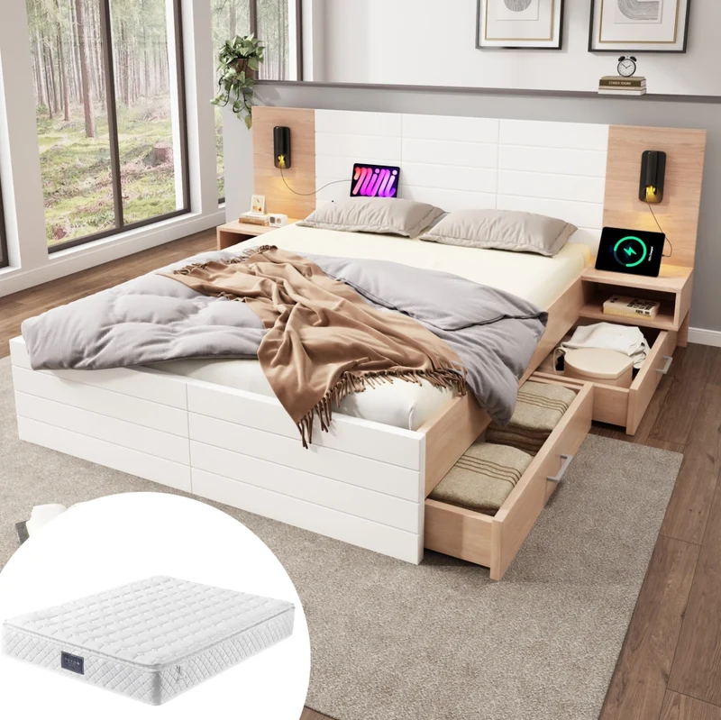 Letto matrimoniale 160x200 cm con lampada da lettura; USB; 2 cassetti; bianco e rovere chiaro; con materasso