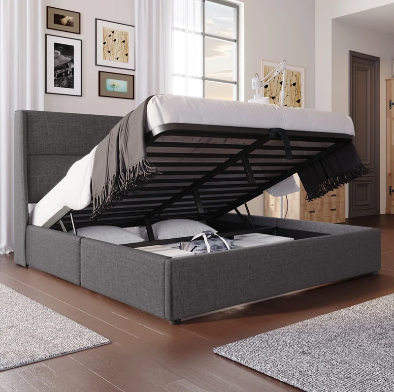 Letto matrimoniale 160x200 cm in lino grigio con testiera regolabile e contenitore
