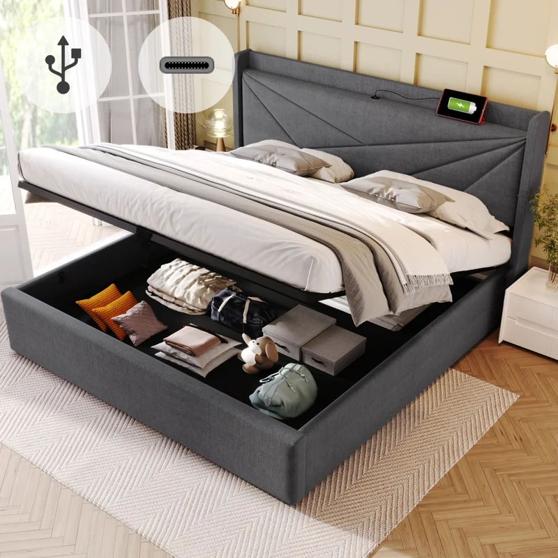 Letto matrimoniale contenitore 160x200 cm con testiera USB e Type-C in lino di cotone grigio; con materasso