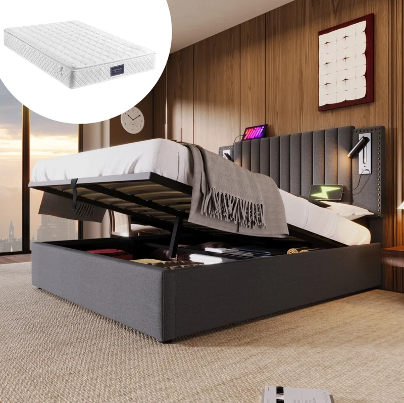 Letto matrimoniale 160x200 cm con contenitore; testiera regolabile; luce lettura e porte USB; grigio