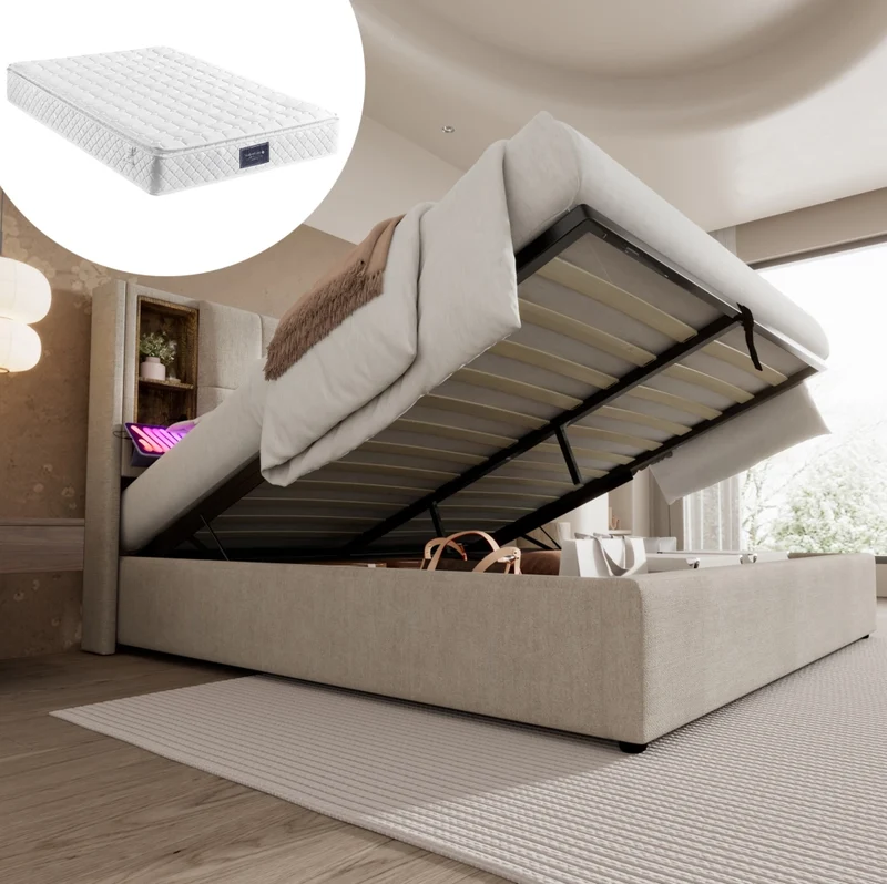 Letto matrimoniale imbottito 160x200 cm con contenitore; ricarica wireless; USB-C e materasso; lino naturale