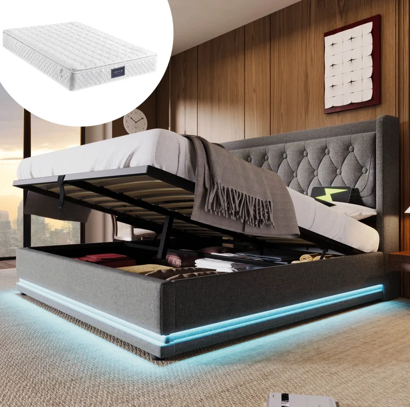 Letto matrimoniale imbottito 160x200 cm grigio in cotone con contenitore; USB e LED