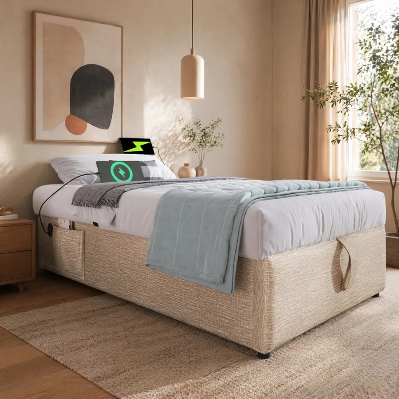 Letto contenitore singolo 90x190 cm in lino; con USB e Type-C; beige naturale