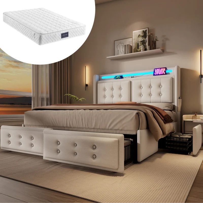 Letto matrimoniale 160x200 cm con LED; porte USB e Type-C; 4 cassetti; beige; in cotone e lino; con materasso
