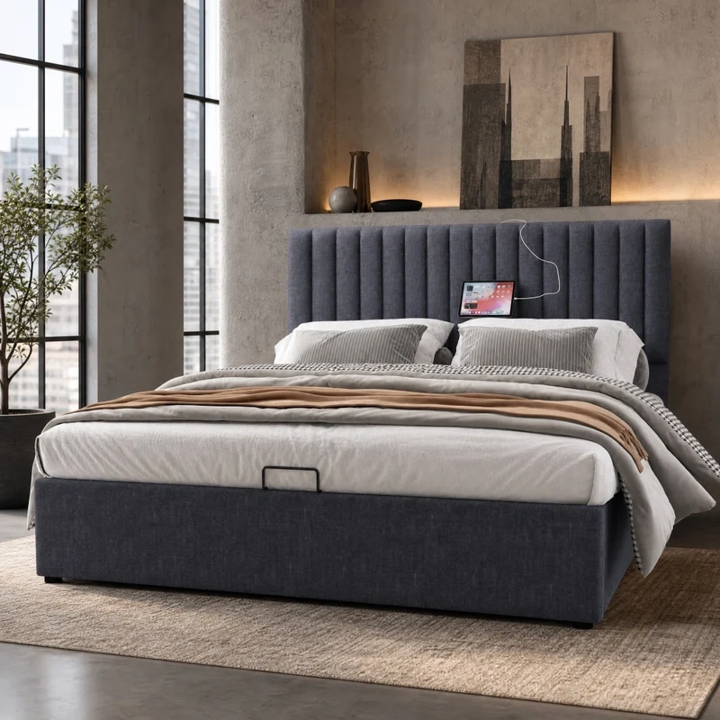 Letto matrimoniale imbottito con contenitore; testiera LED con USB e Type-C; grigio 160x200 cm