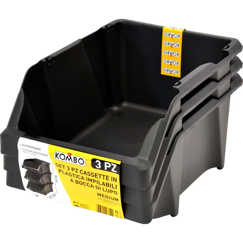 Set 3 Pz Cassette in plastica a bocca di lupo Medium, GRIGIO ANTRACITE 200mm x 300mm x 130mm, Impilabili