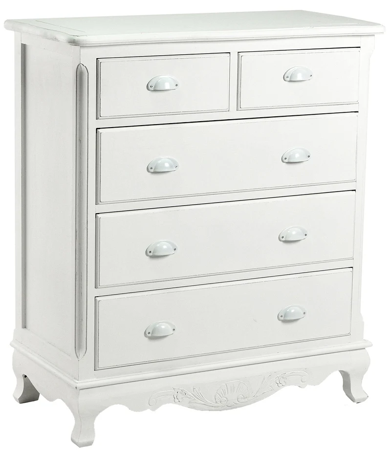 Comò 5 Cassetti in Legno Basilea Bianco Anticato