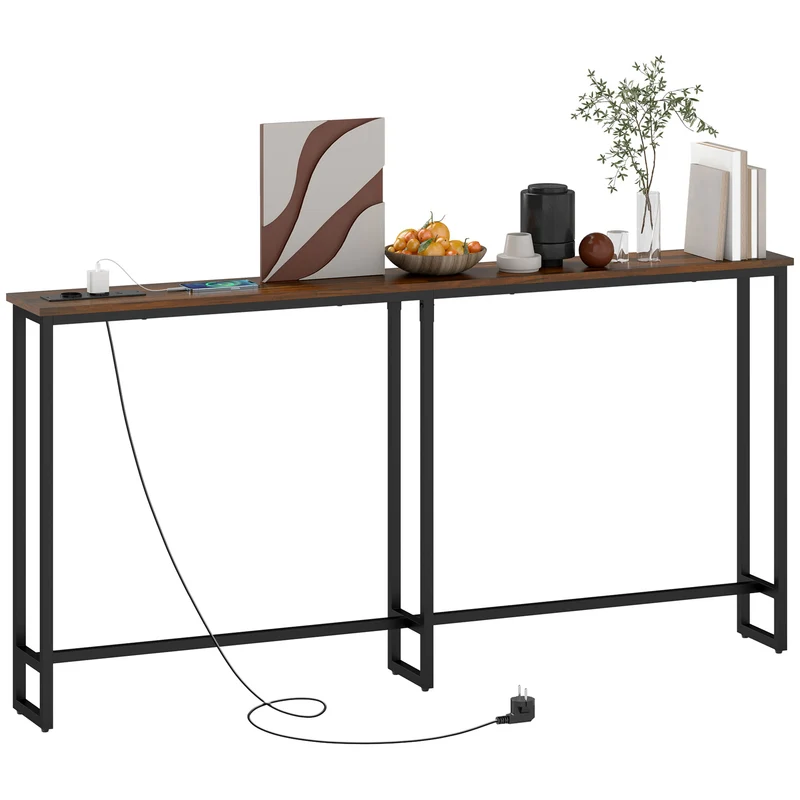 Tavolo Consolle in Stile Industriale 160x20x80 cm con Stazione di Ricarica in Legno e Acciaio Marrone