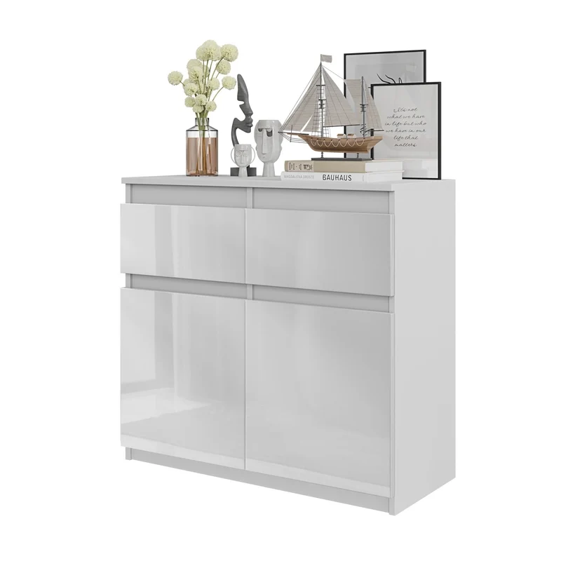 NOAH - Cassettiera con 2 cassetti e 2 ante - Credenza per camera da letto - Bianco Opaco / Bianco Lucido