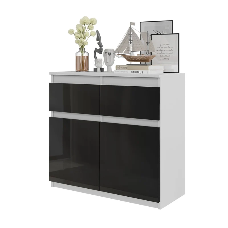 NOAH - Cassettiera con 2 cassetti e 2 ante - Credenza per camera da letto - Bianco Opaco / Nero Lucido
