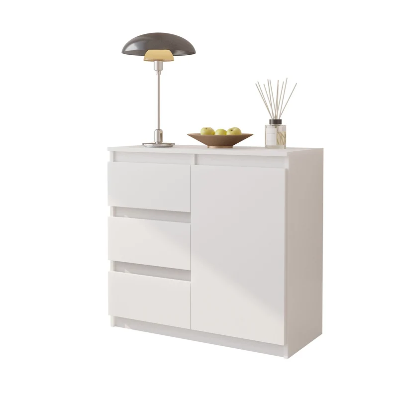 MIKEL - Cassettiera con 3 cassetti e 1 anta - Credenza per camera da letto - Bianco Opaco