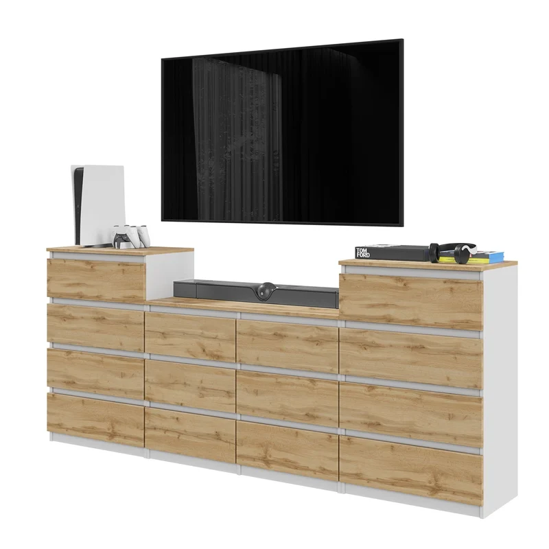 GABRIEL - Cassettiera a 14 cassetti (4+6+4) - Credenza per camera da letto - Bianco opaco / Rovere Wotan