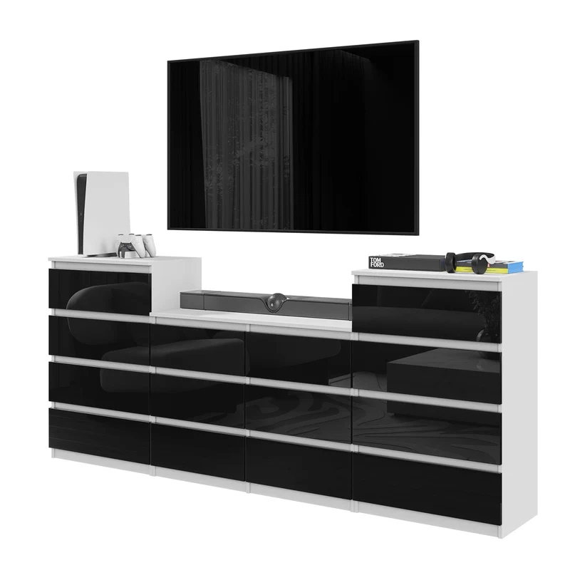GABRIEL - Cassettiera a 14 cassetti (4+6+4) - Credenza per camera da letto - Bianco opaco / Nero lucido