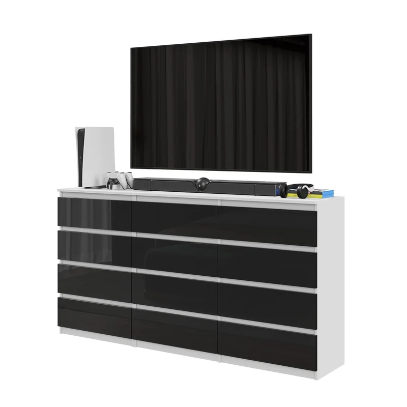 GABRIEL - Cassettiera a 12 cassetti (8+4) - Credenza per camera da letto - Bianco opaco / Nero lucido