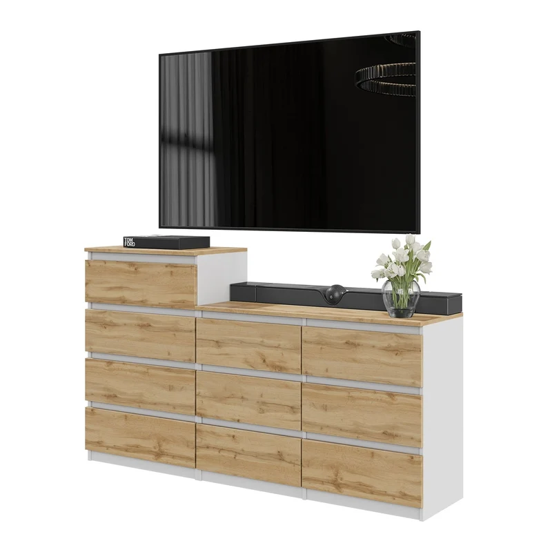 GABRIEL - Cassettiera a 10 cassetti (6+4) - Credenza per camera da letto - Bianco opaco / Rovere Wotan
