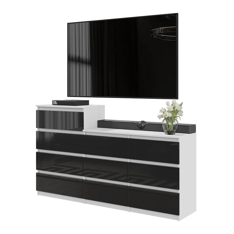 GABRIEL - Cassettiera a 10 cassetti (6+4) - Credenza per camera da letto - Bianco opaco / Nero lucido