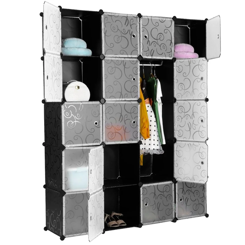 Armadio Guardaroba Modulare 20 Scomparti 147x37x183 cm Rizzetti Nero con Ricamo