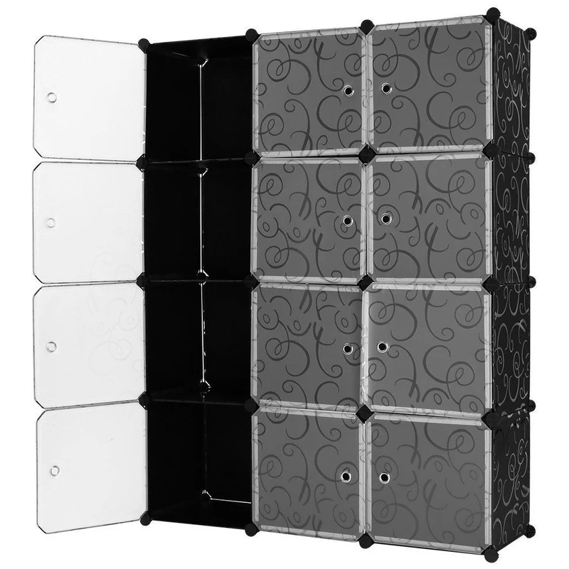 Armadio Guardaroba Modulare 12 Cubi 112x37x148 cm Rizzetti Nero con Ricamo