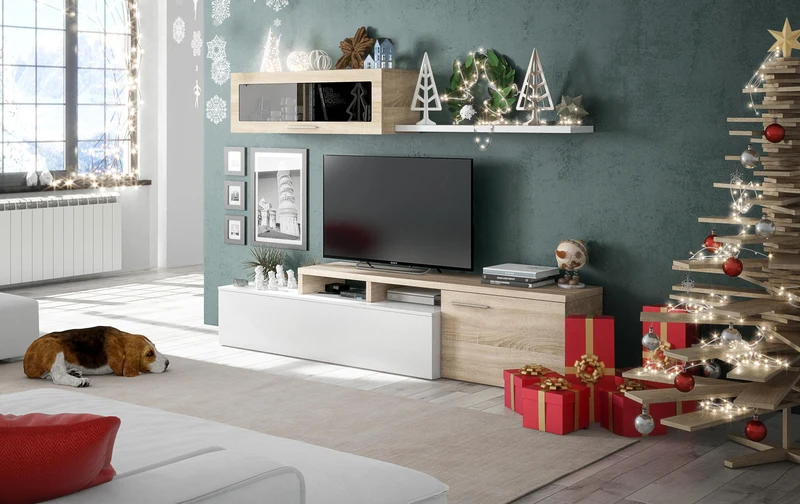 Parete Attrezzata Mobili Soggiorno Mobile TV Rizzetti Bianco e Rovere