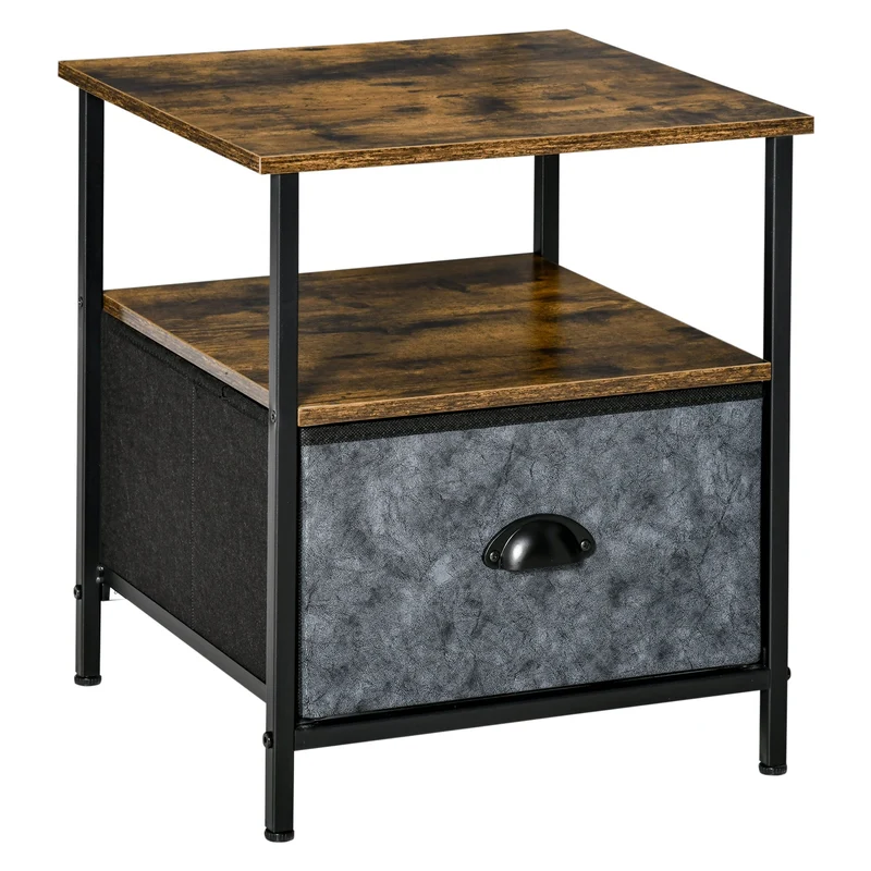 Comodino 1 Cassetto in Tessuto 40x40x46,9 cm in Legno e Acciaio Marrone e Grigio