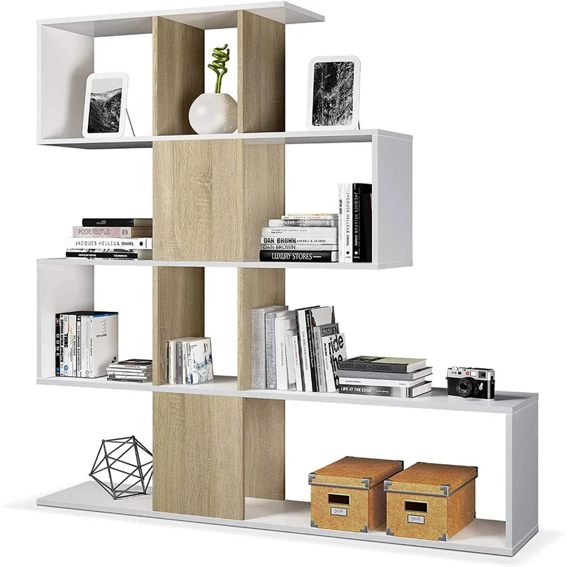 Mobile a Scaffali Libreria 4 Livelli 145x145x29 cm in Legno Zig Zag Bianco e Rovere