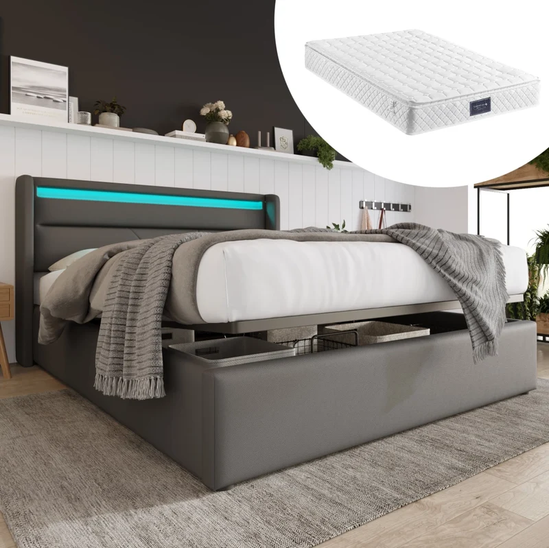 Letto matrimoniale contenitore 160x200 cm con LED e testiera imbottita; grigio
