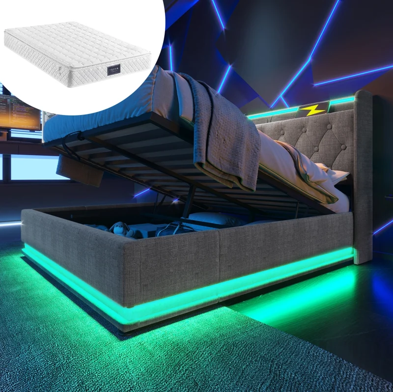 Letto matrimoniale 160x200 cm in lino grigio con LED; contenitore idraulico e ricarica USB Type-C