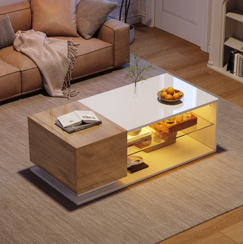 Tavolino da salotto LED con vano contenitore 105x50x36 cm in truciolare e vetro temperato; bianco e rovere