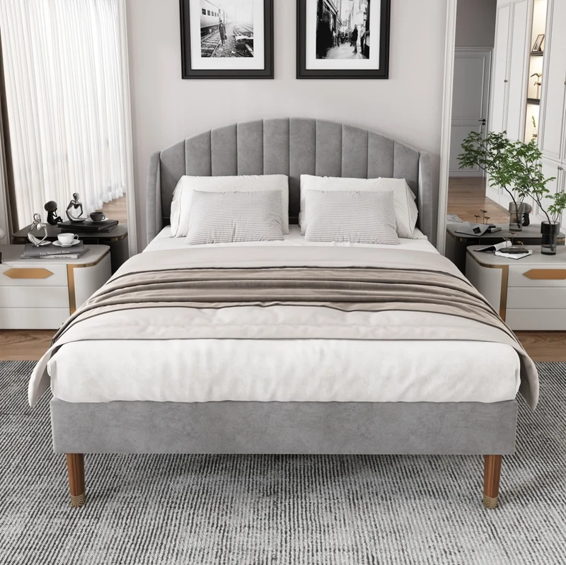Letto imbottito 140x200 cm con rete a doghe e testiera; in velluto grigio