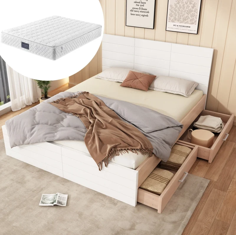 Letto matrimoniale 160x200 cm con materasso; 2 cassetti; struttura in legno massiccio e MDF; bianco rovere
