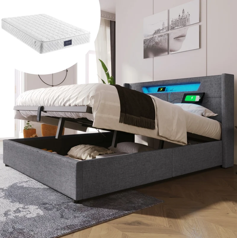 Letto matrimoniale 160x200 cm in tessuto effetto lino grigio con LED; USB e Type C; contenitore