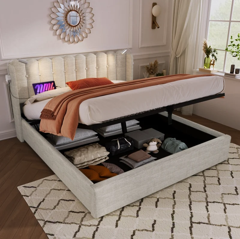 Letto matrimoniale contenitore 160x200 cm in lino beige con USB; luce da lettura e materasso incluso
