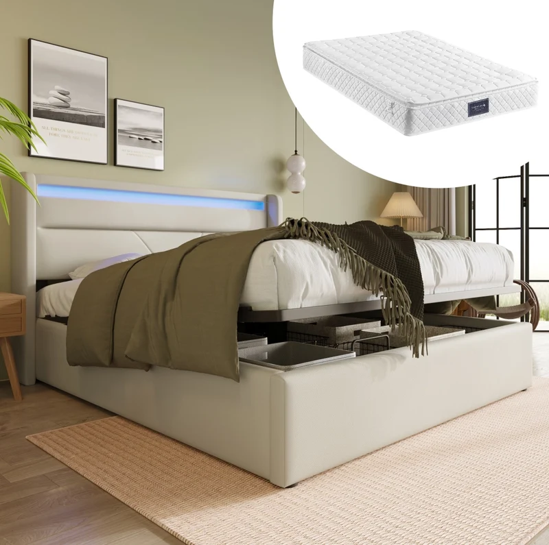 Polsterbett 160x200 cm con contenitore; illuminazione LED; idraulico; bianco in PU