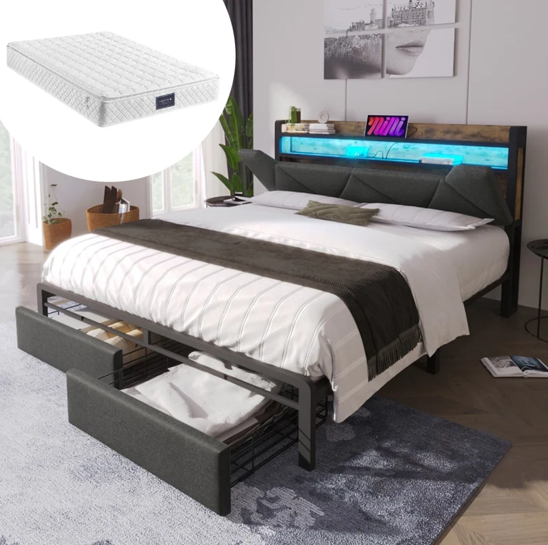 Letto matrimoniale 160x200 cm in lino grigio con LED; USB-C; cassetti e materasso
