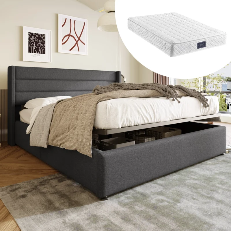 Letto matrimoniale imbottito con contenitore 160x200 cm; materasso incluso; rivestimento in lino grigio