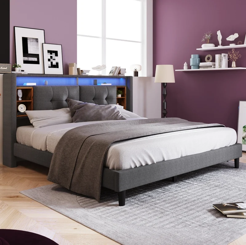 Letto matrimoniale imbottito 160x200 cm con testiera contenitore; USB e LED; grigio