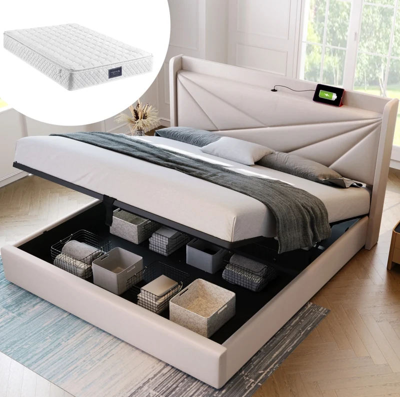 Letto matrimoniale 160x200 cm con contenitore; testiera con USB e Type-C; beige in cotone e lino