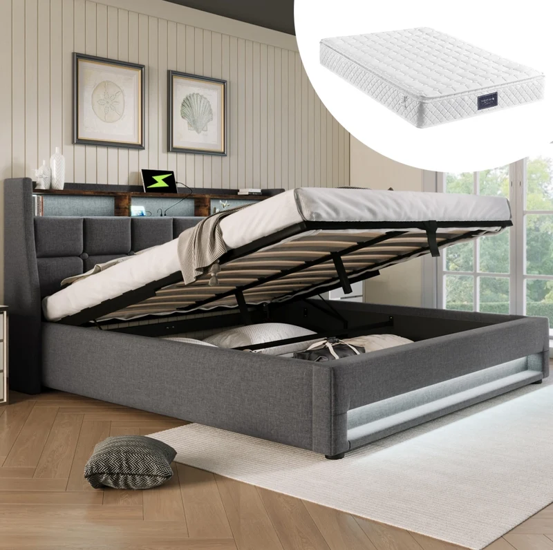 Letto matrimoniale imbottito 160x200 cm con LED e USB; in tessuto effetto lino grigio