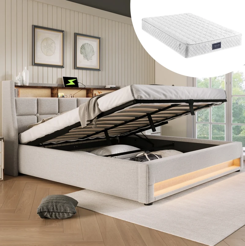 Letto matrimoniale 160x200 cm imbottito con LED; USB e contenitore; beige chiaro