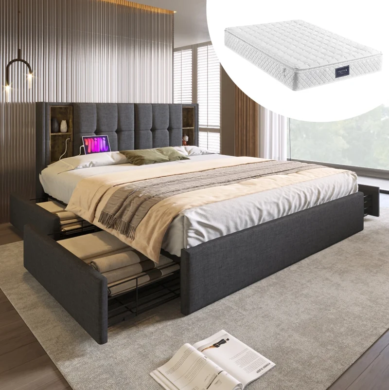 Letto matrimoniale 160x200 cm in lino grigio con ricarica wireless; USB e 4 cassetti