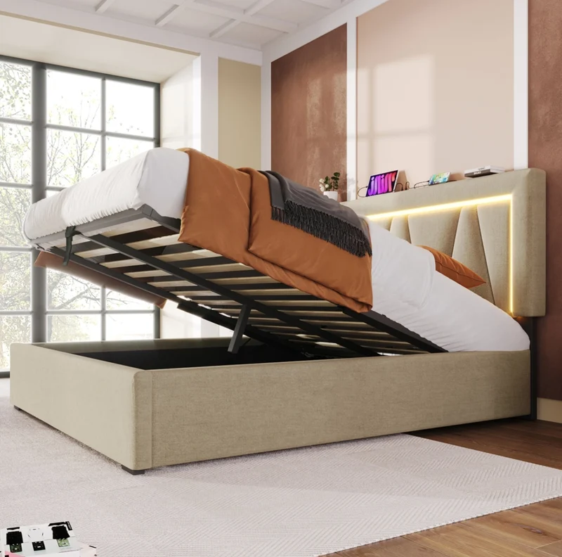 Letto matrimoniale imbottito 160x200 cm in lino beige con LED; USB e contenitore