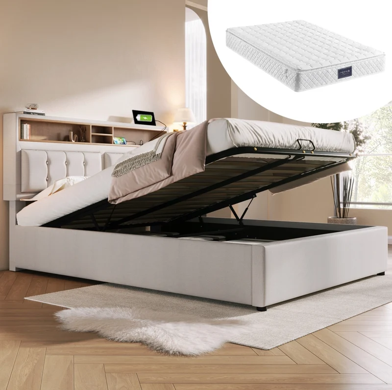 Letto matrimoniale contenitore 160x200 cm con testiera regolabile; USB/Type-C e materasso; lino beige