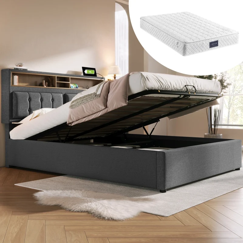 Letto matrimoniale imbottito 160x200 cm con contenitore; testiera regolabile e USB/Type-C; grigio in lino con materasso