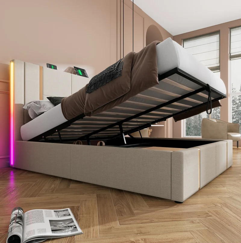 Letto matrimoniale 160x200 cm con contenitore; LED RGB; porte USB e Type-C; beige in lino; con materasso