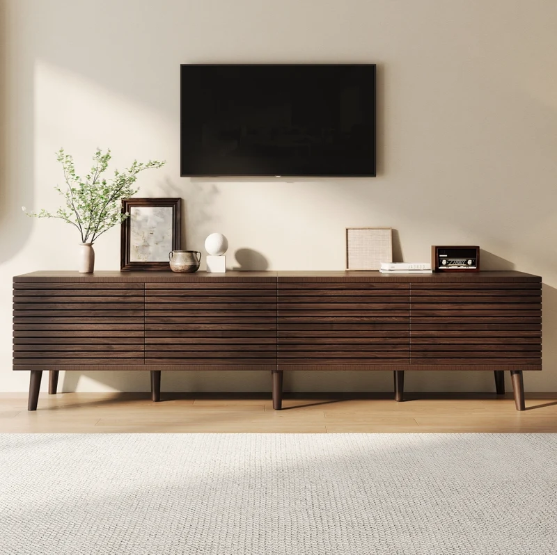 Mobile TV con 4 ante a doghe; per TV fino a 75 pollici; 180x40x46 cm; finitura noce