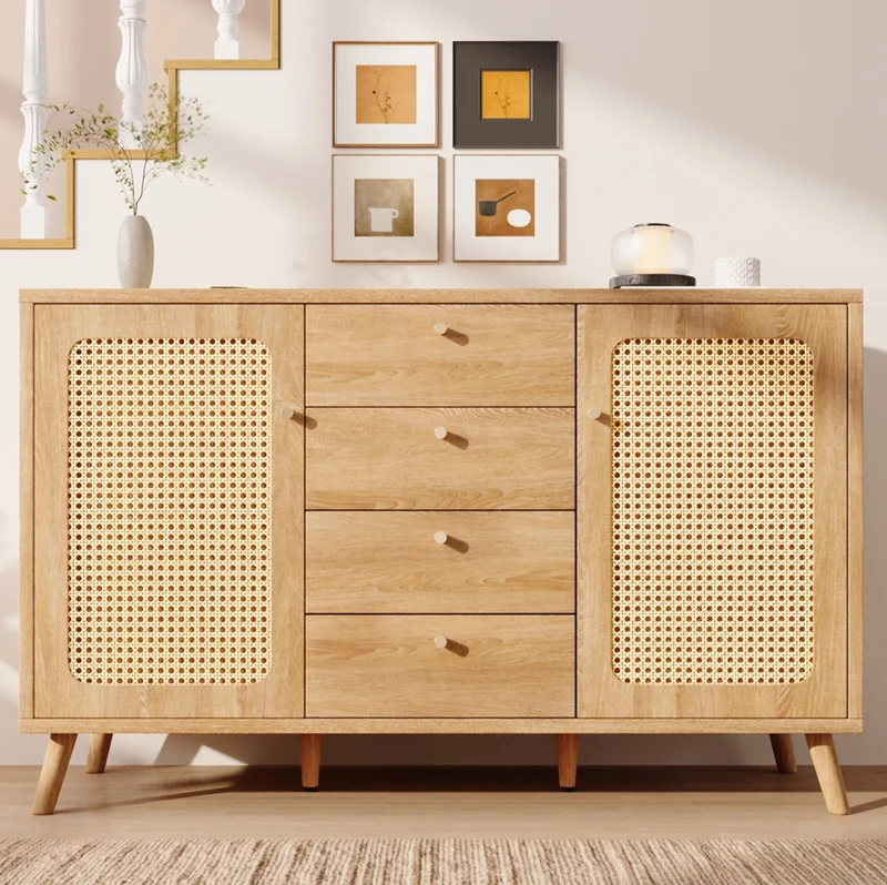 Credenza con 4 cassetti e 2 ante in decoro rovere chiaro con effetto rattan; 140x40x86 cm