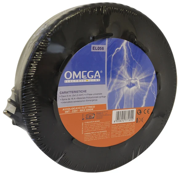 Avvolgicavo Professionale 16A, Cavo 3GX1MM2, Lunghezza 5 Mt,4 Prese Universali,Spinotti Attivi IMQ