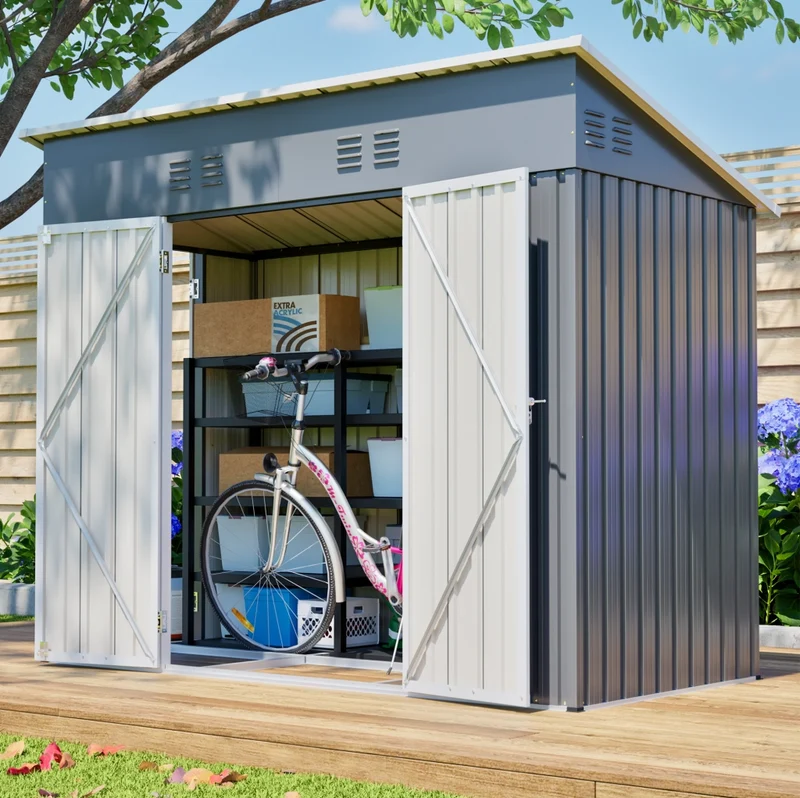 Casetta da giardino in metallo 242x120x192 cm con doppia porta; grigio