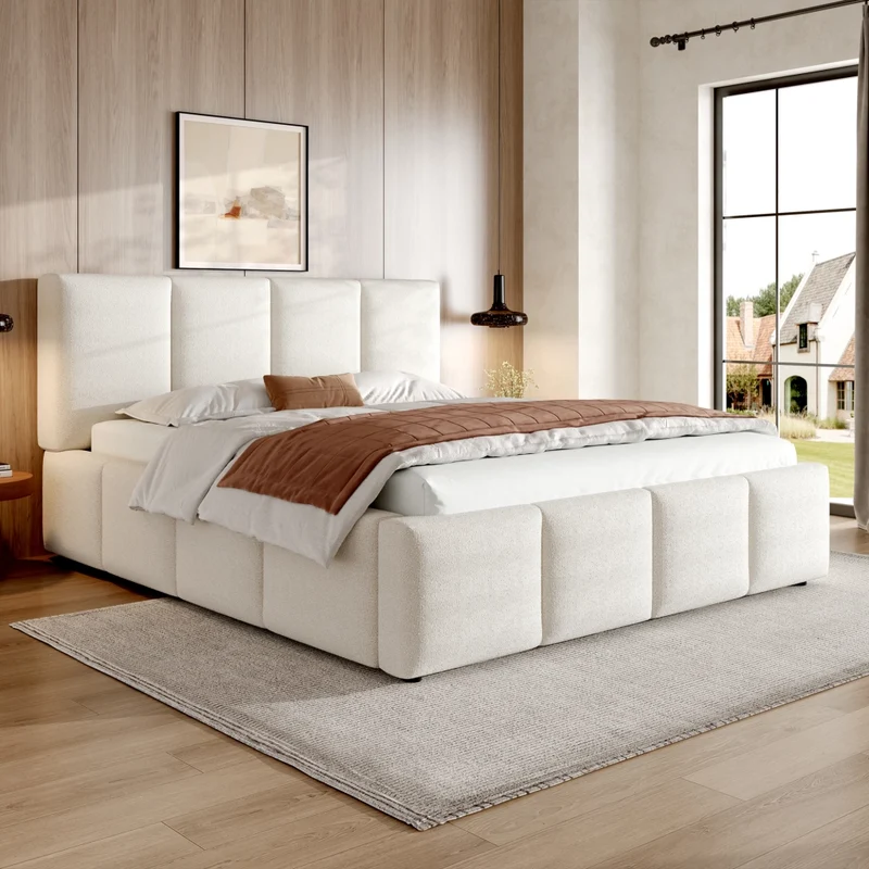 Letto matrimoniale imbottito 160x200 cm con rete a doghe e testiera in bouclé beige