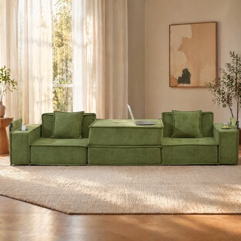 Pouf divano modulare 162x78x66 cm in chenille verde con cuscini e tasche laterali